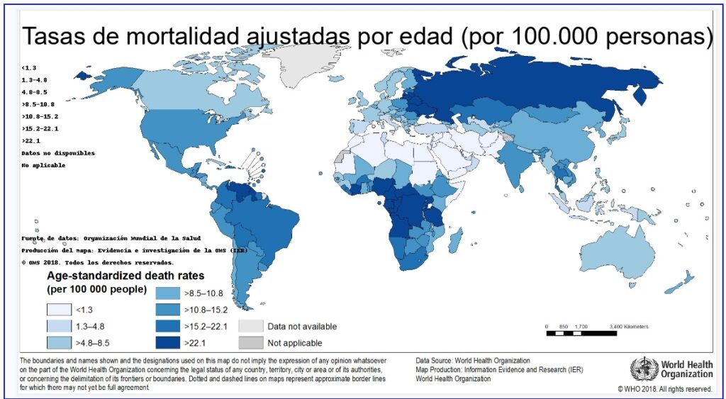 Tasas mundiales estandarizadas de mortalidad por edad, por lesiones atribuibles al alcohol, año 2016.